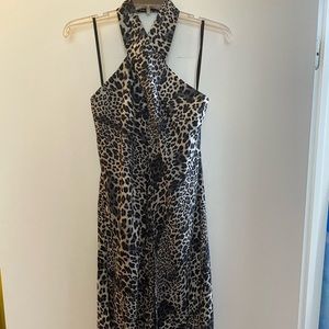 Boston Proper gray leopard print wide leg jumpsuit, criss cross front back close